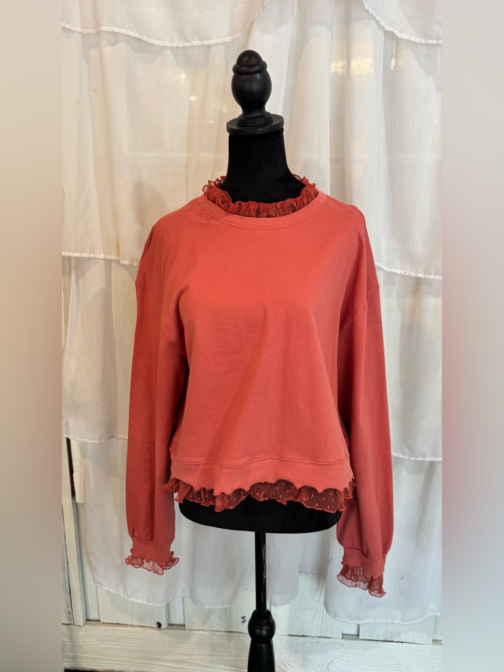 Ruffle lace Trim Coral Women’s Pullover Top - Very J